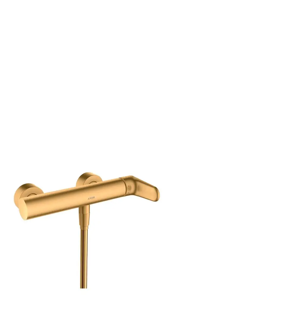 Brausemischer von AXOR in gebürsteter Gold-Optik, montiert auf einer Wand. Das Design zeigt eine schlanke, gerade Form mit einer seitlichen Auslauföffnung.